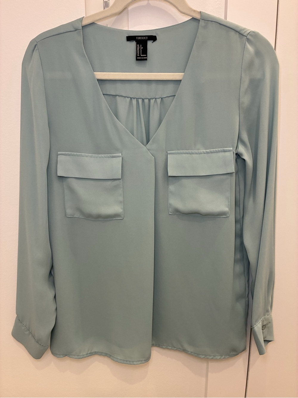 Forever 21 Sage V-Neck Long Sleeve Pocket Blouse
